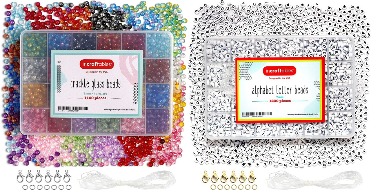 Incraftables Crackle Glass Beads 24 Colors 1100pcs 6mm & 1200pcs Round Letter Beads for Jewelry Making (7mm). A-Z Letters Black Alphabet for Jewelry Making, Hair Accessories, Bracelets, & Crafts